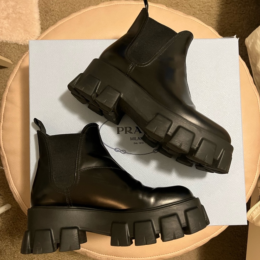 Prada - Monolith Brushed Leather Chelsea Boots - Picture 3 of 13